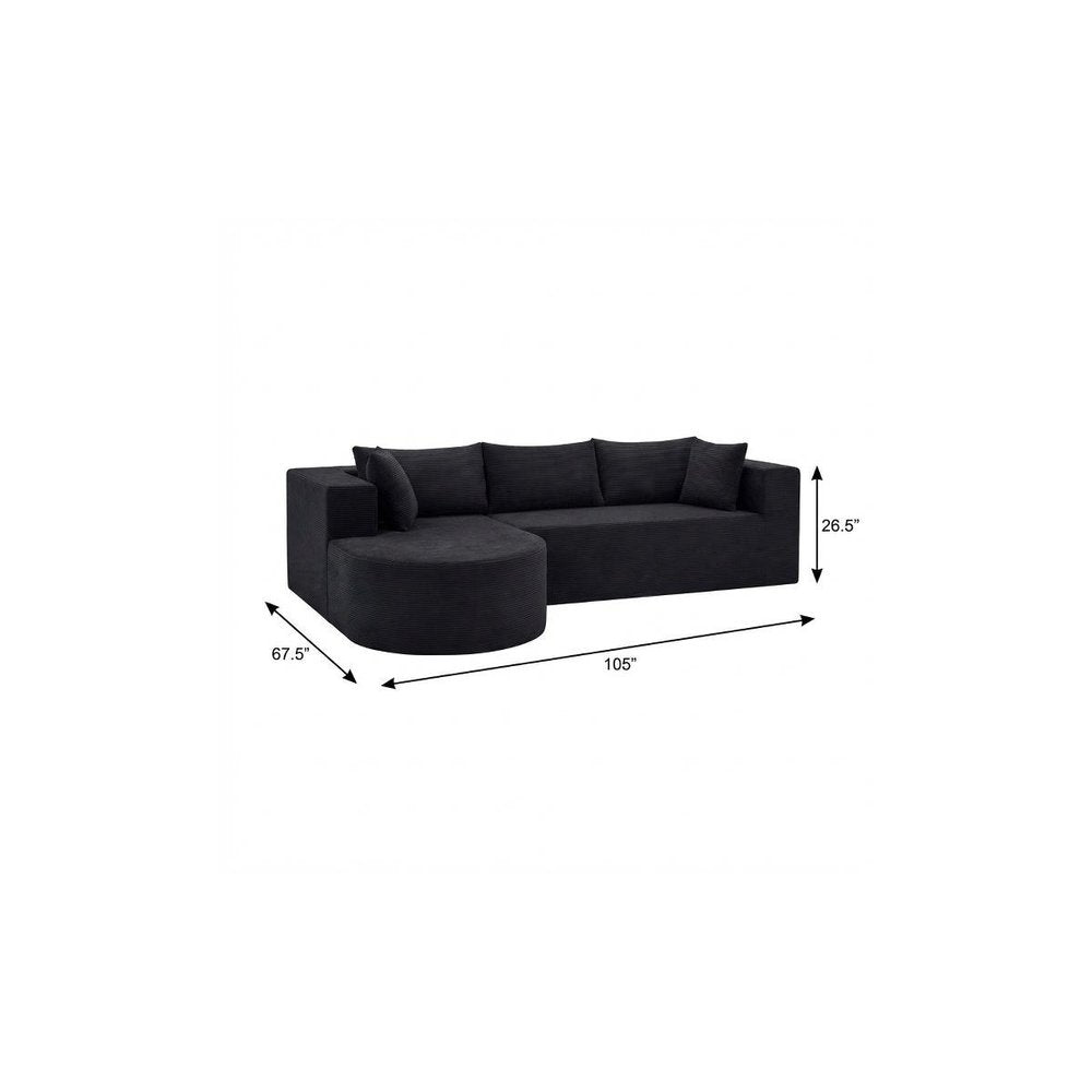105" Black Corduroy Modular Left Rounded Chaise Style Sofa With Toss Pillows