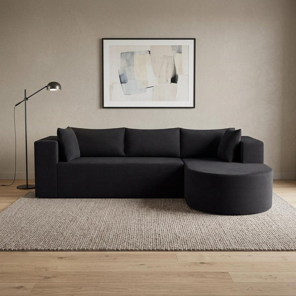105" Black Corduroy Modular Left Rounded Chaise Style Sofa With Toss Pillows