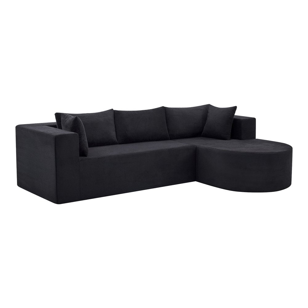 105" Black Corduroy Modular Left Rounded Chaise Style Sofa With Toss Pillows
