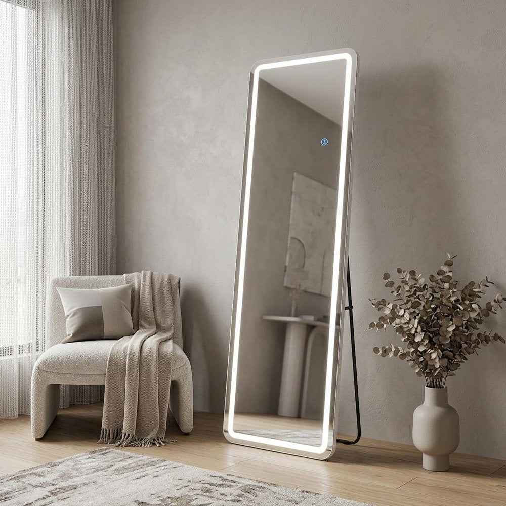 60" Silver Lighted Freestanding And Wall Mounted Framed Full Length Mirror