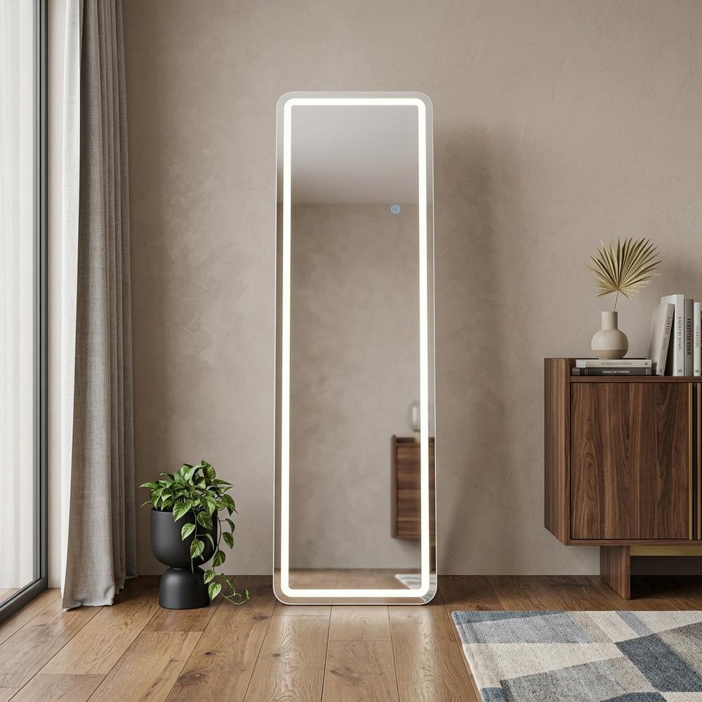 64" Silver Lighted Wall Mounted And Freestanding Framed Full Length Mirror
