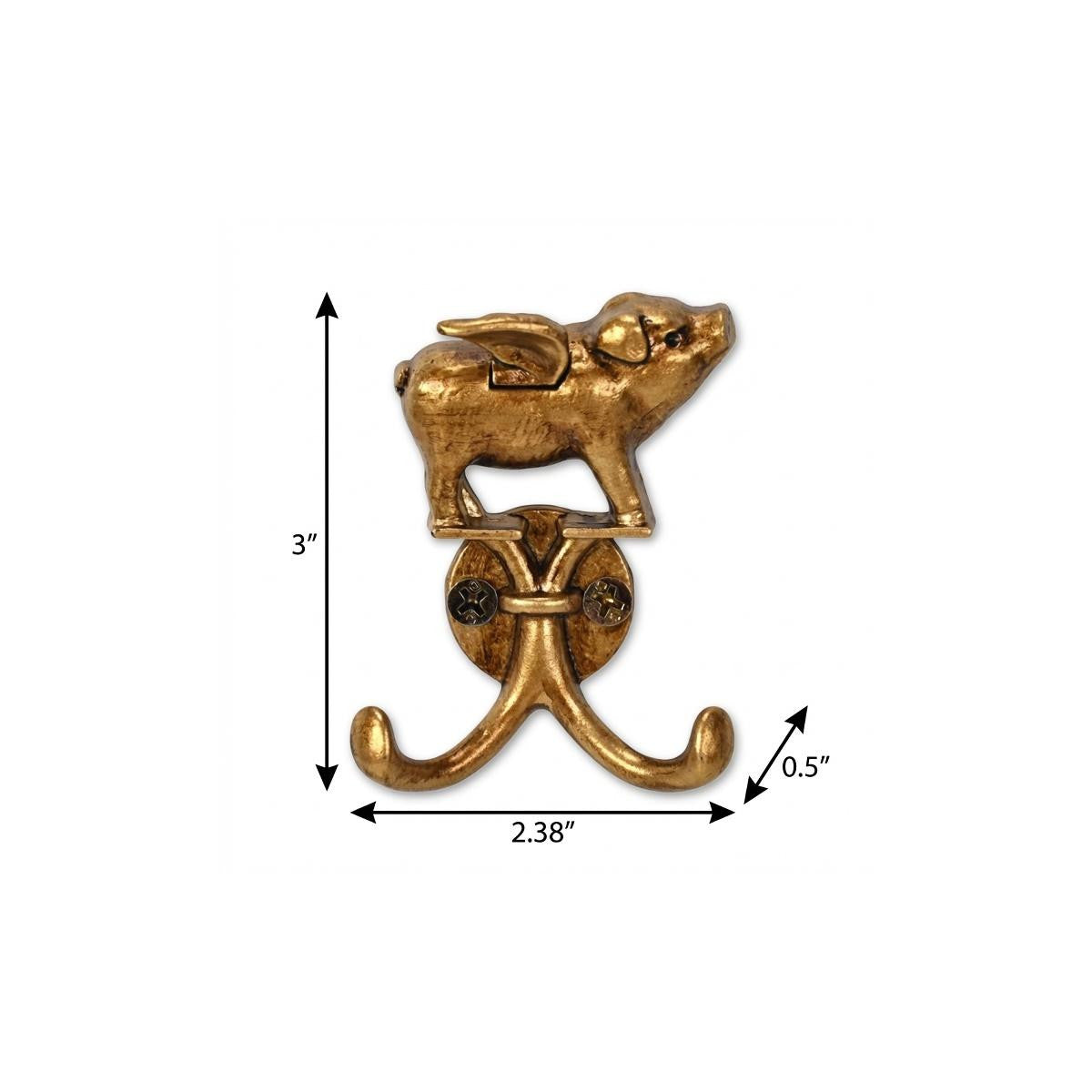 Two Hook 2" Antiqued Gold Cast Iron Pig Wall Hooks