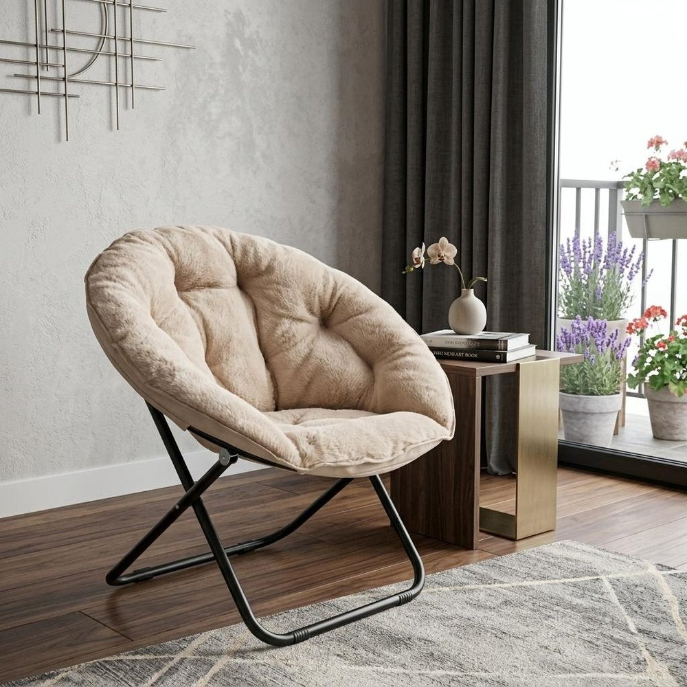 33" Beige Brown And Tufted Faux Fur and Metal Leopard Folding Lounge Chair