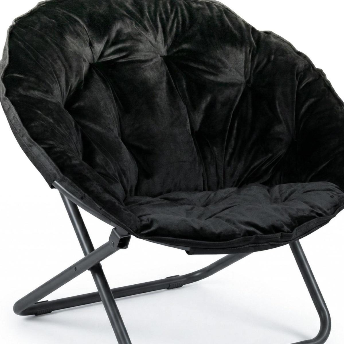 33" Black Tufted Faux Fur and Metal Folding Lounge Chair