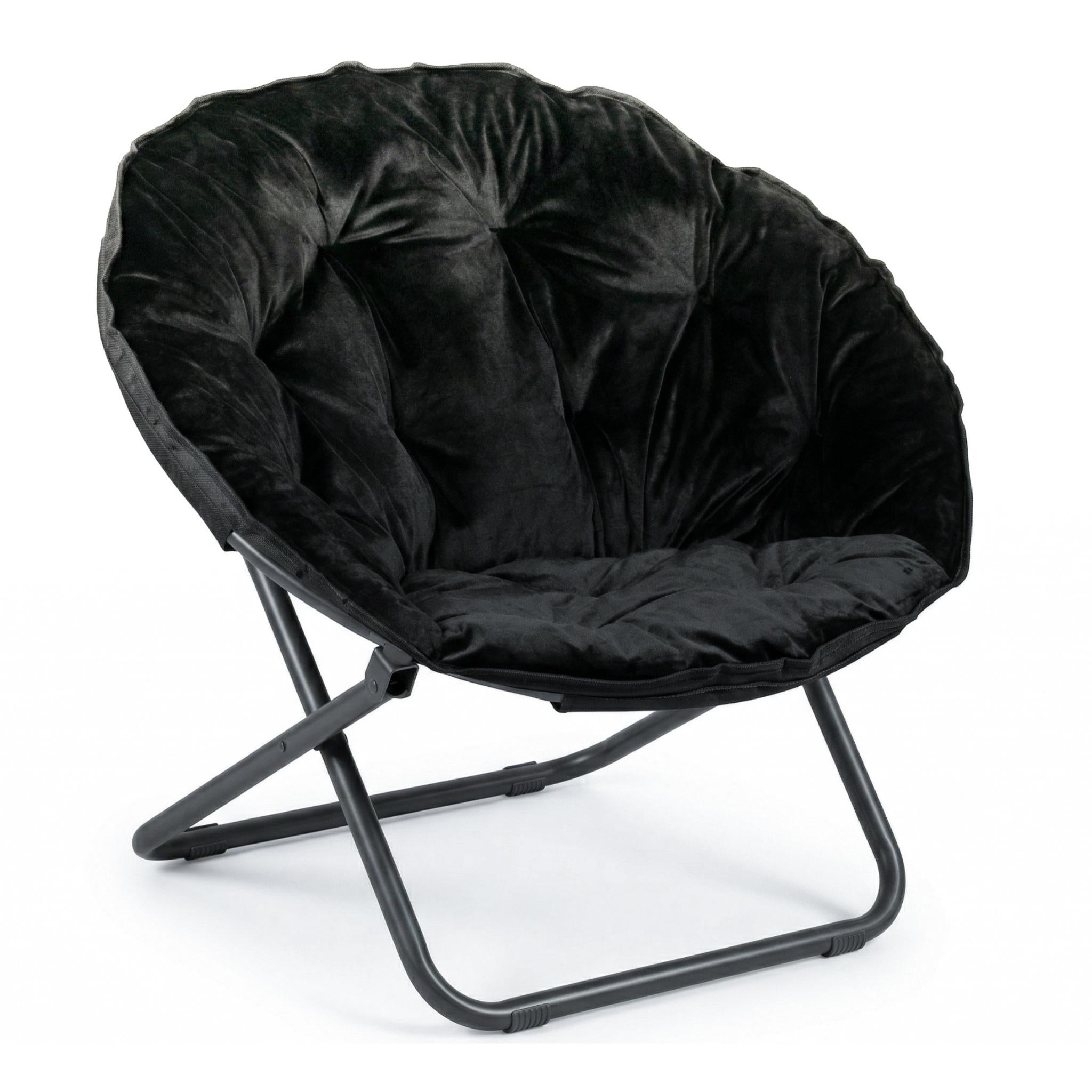33" Black Tufted Faux Fur and Metal Folding Lounge Chair