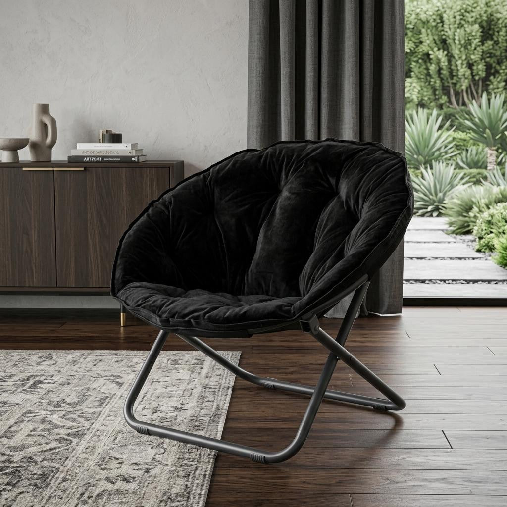 33" Black Tufted Faux Fur and Metal Folding Lounge Chair