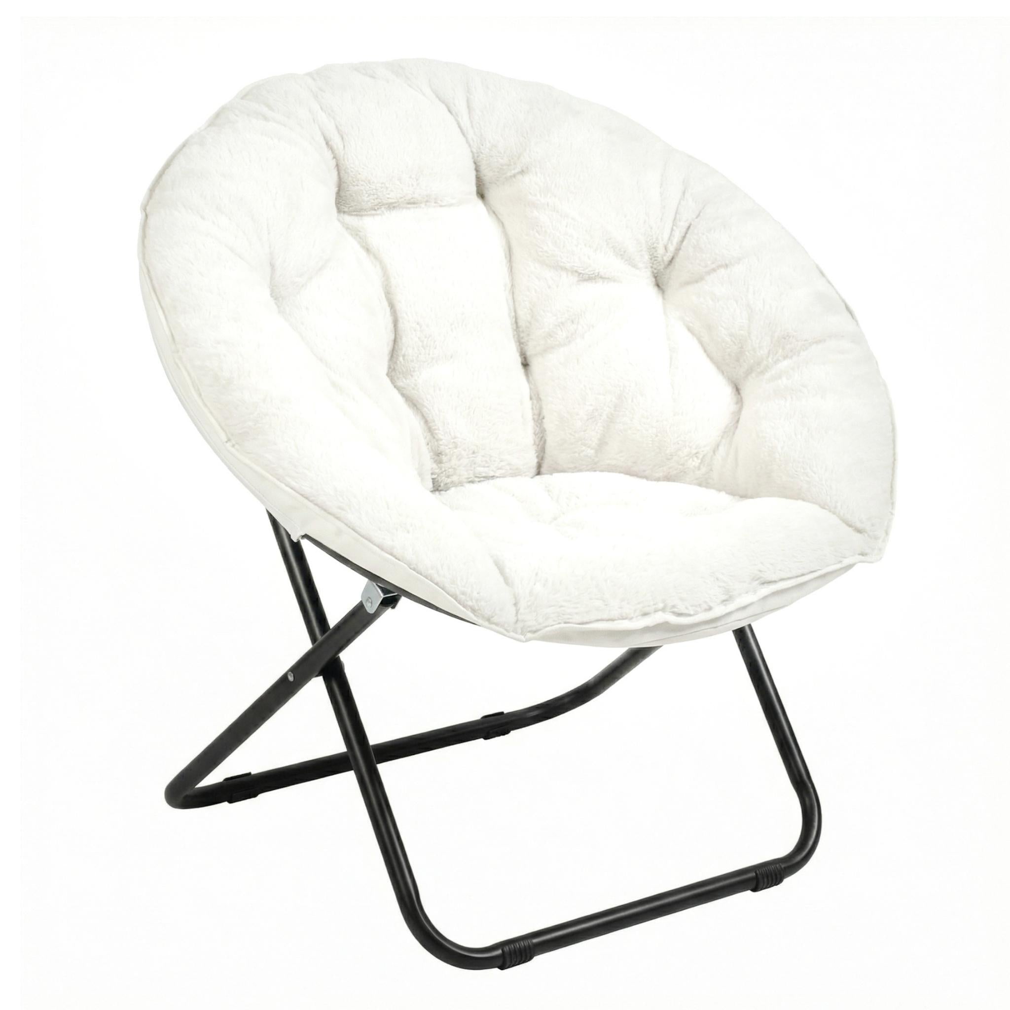 33" White Tufted Faux Fur and Metal Folding Lounge Chair