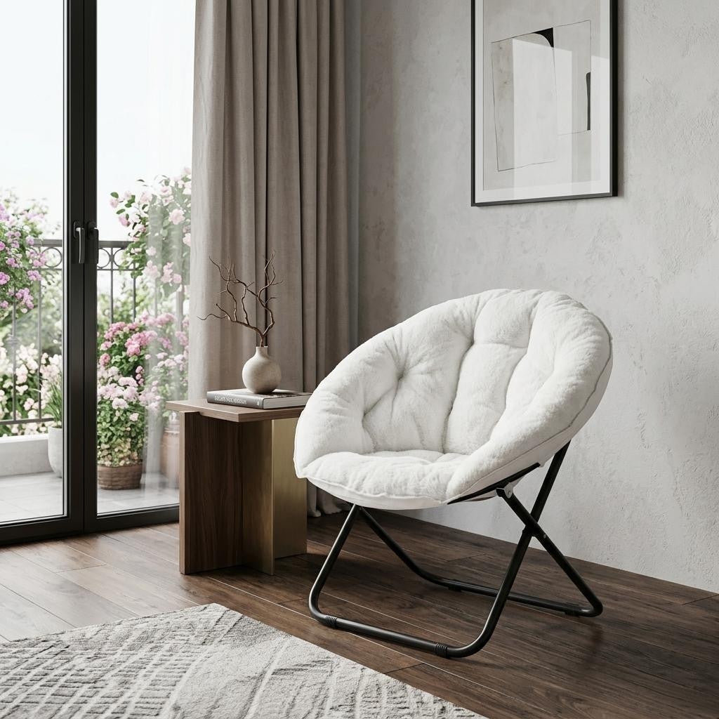 33" White Tufted Faux Fur and Metal Folding Lounge Chair
