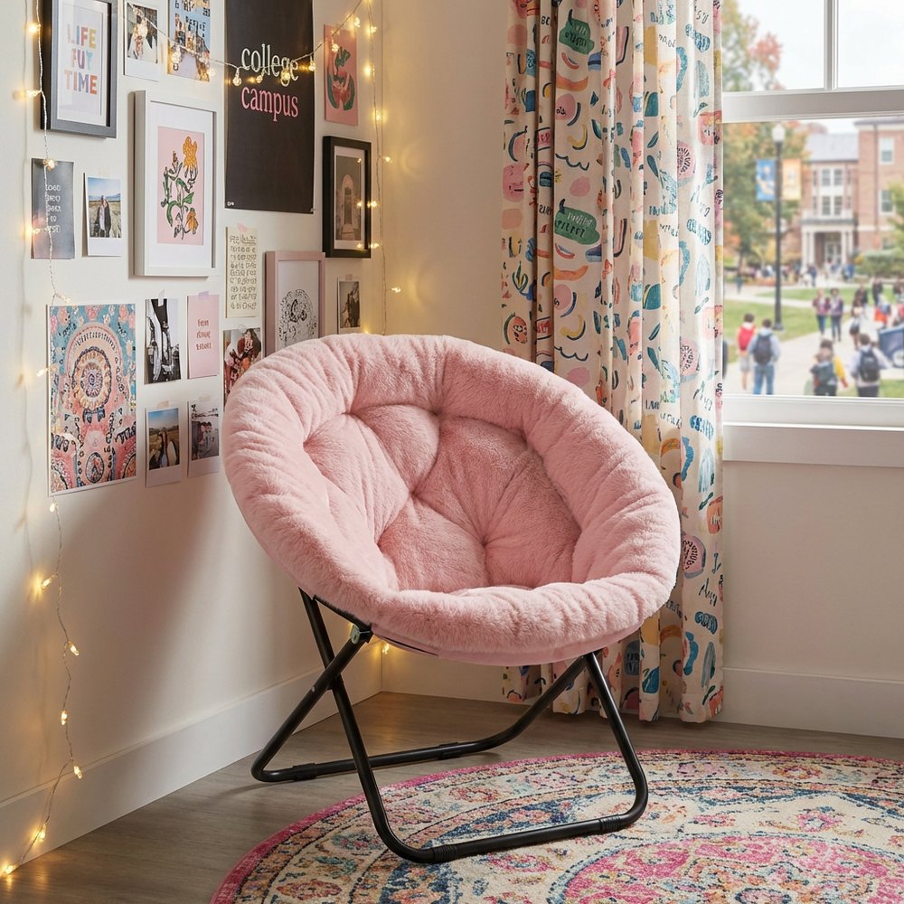 33" Pink Tufted Faux Fur and Metal Folding Lounge Chair