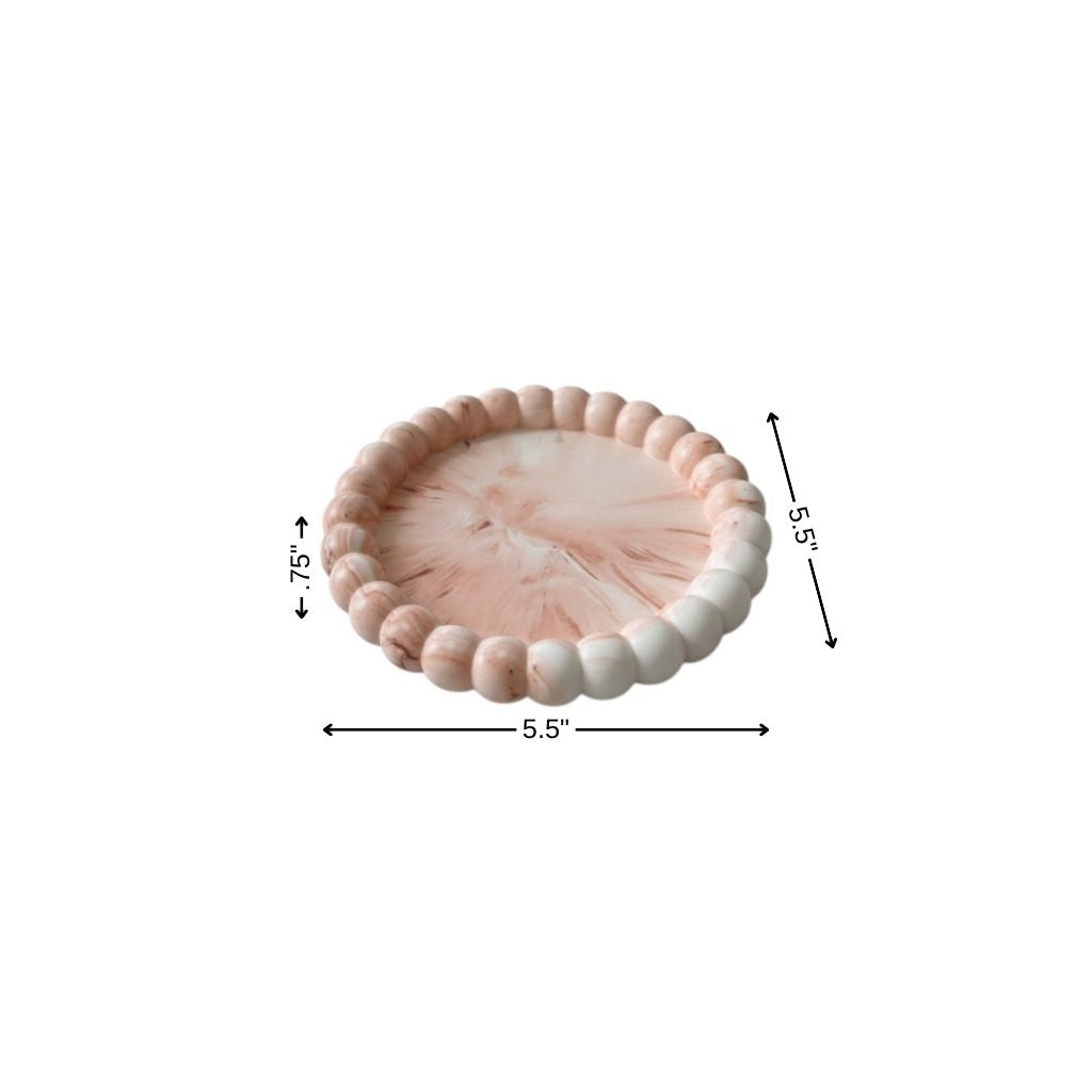 6" Pink And White Resin Marbleized Handmade Round Trinket Tray