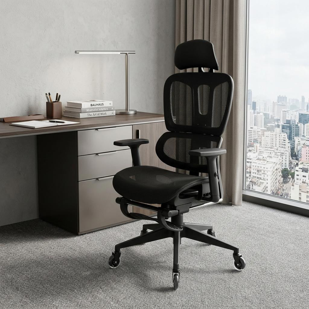 Black Adjustable Height Swivel Rolling Office Chair With Footrest
