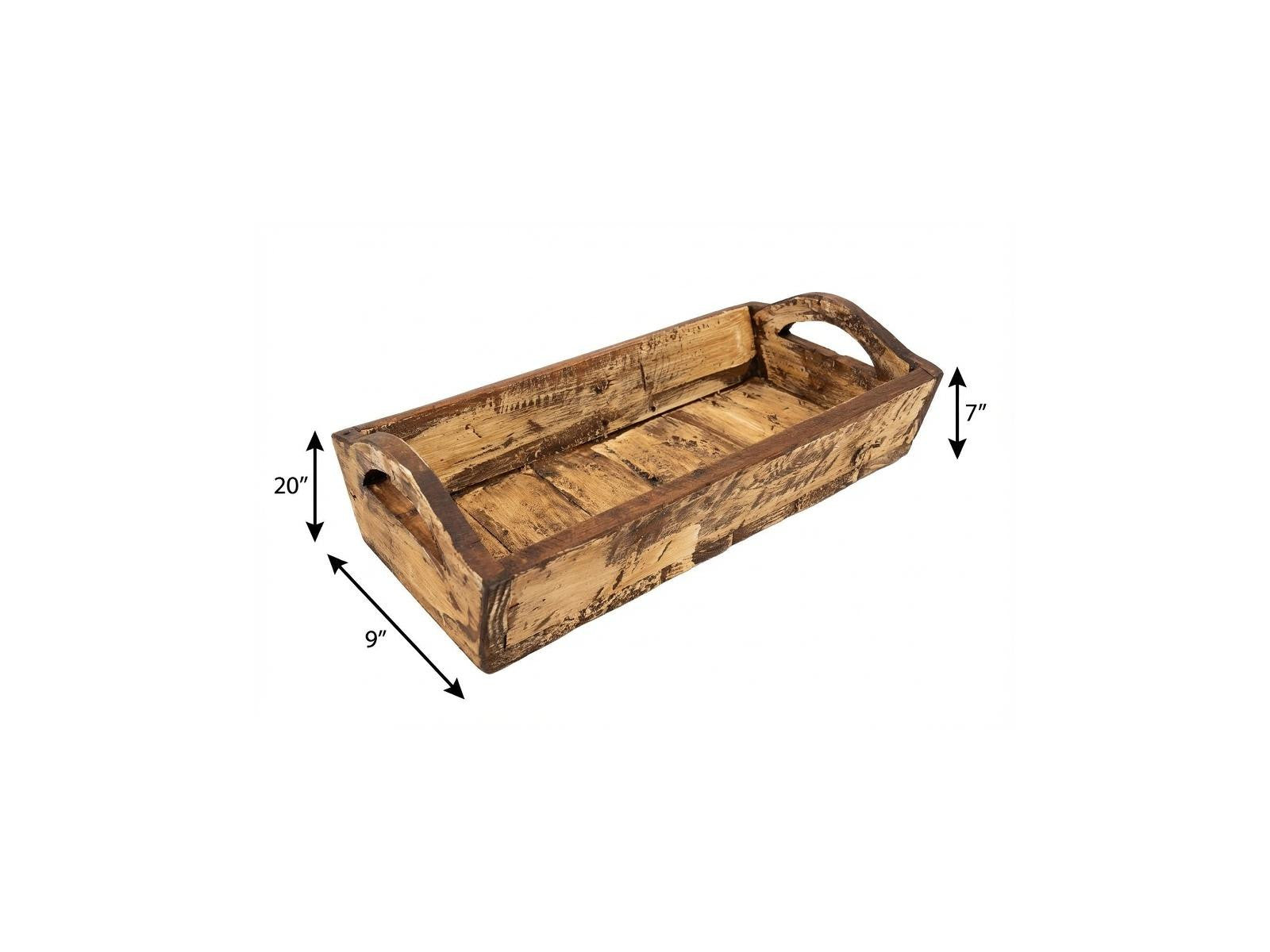 20" Antiqued White And Brown Reclaimed Wood Handmade Serving Tray With Handles