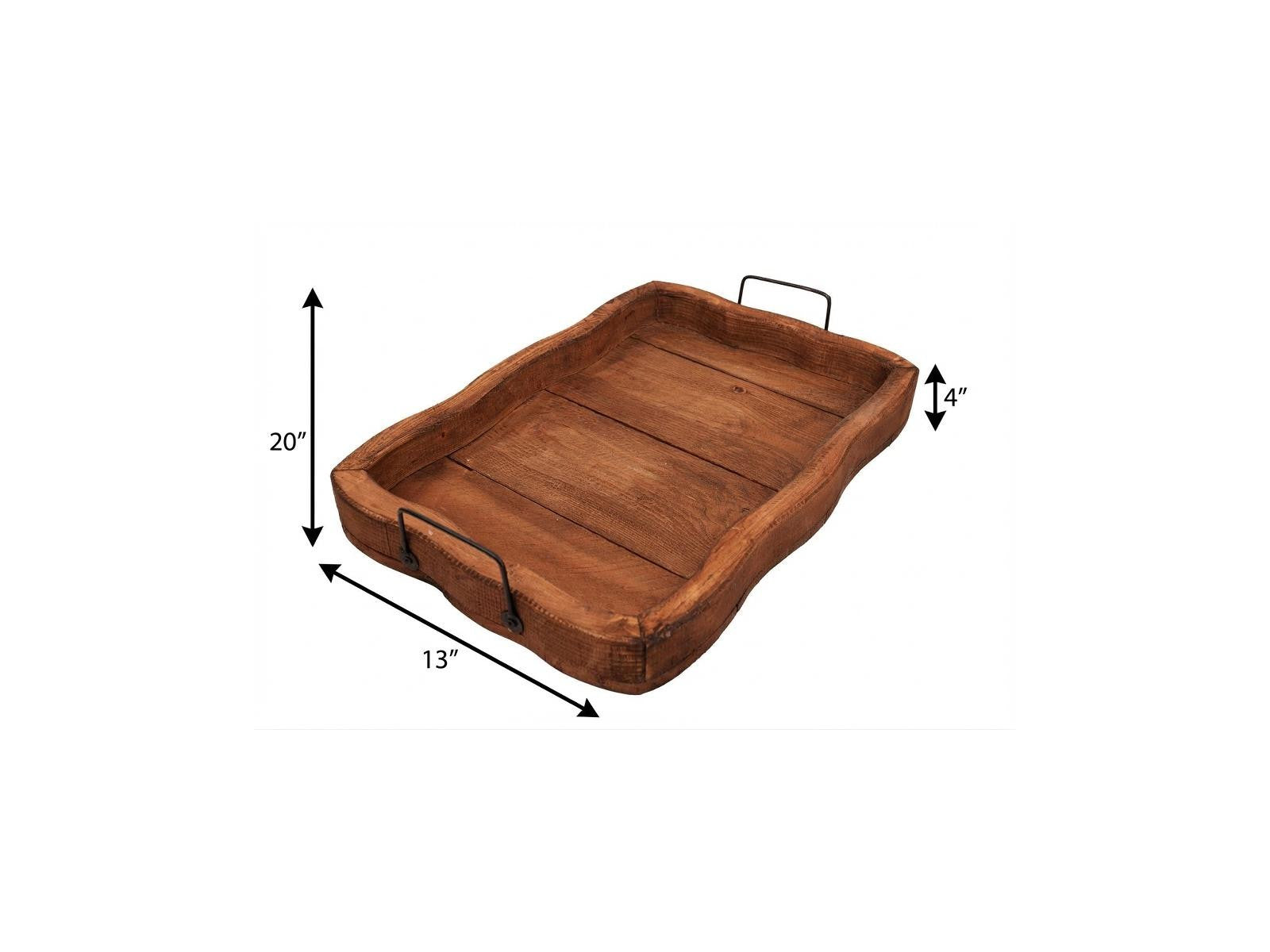 20" Brown Solid Wood Handmade Scalloped Serving Tray With Handles