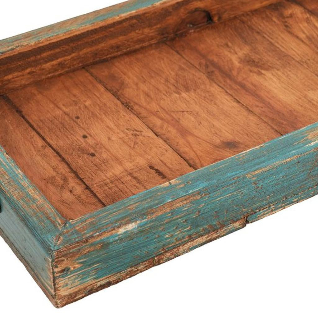 21" Natural And Turquoise Solid Wood Handmade Serving Tray With Handles