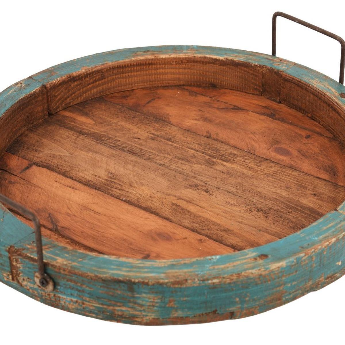 15" Natural And Turquoise Solid Wood Handmade Round Serving Tray With Handles