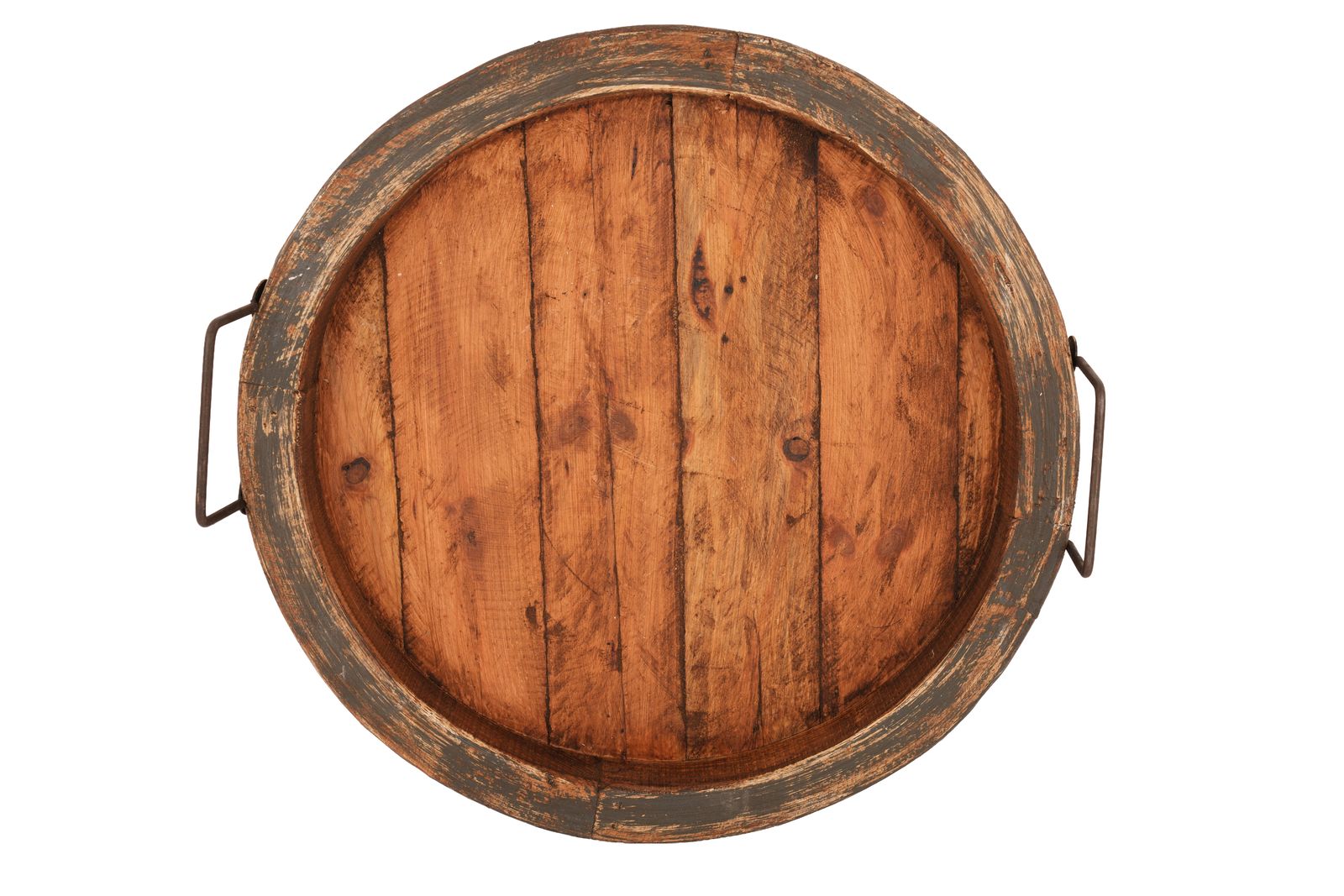 15" Gray And Natural Solid Wood Handmade Round Serving Tray With Handles