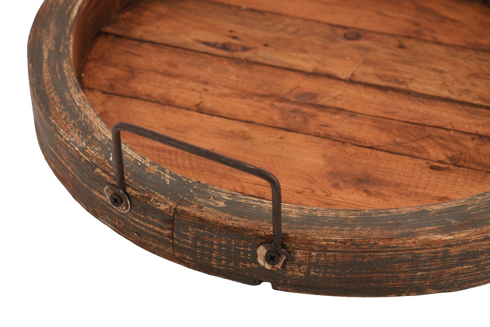 15" Gray And Natural Solid Wood Handmade Round Serving Tray With Handles