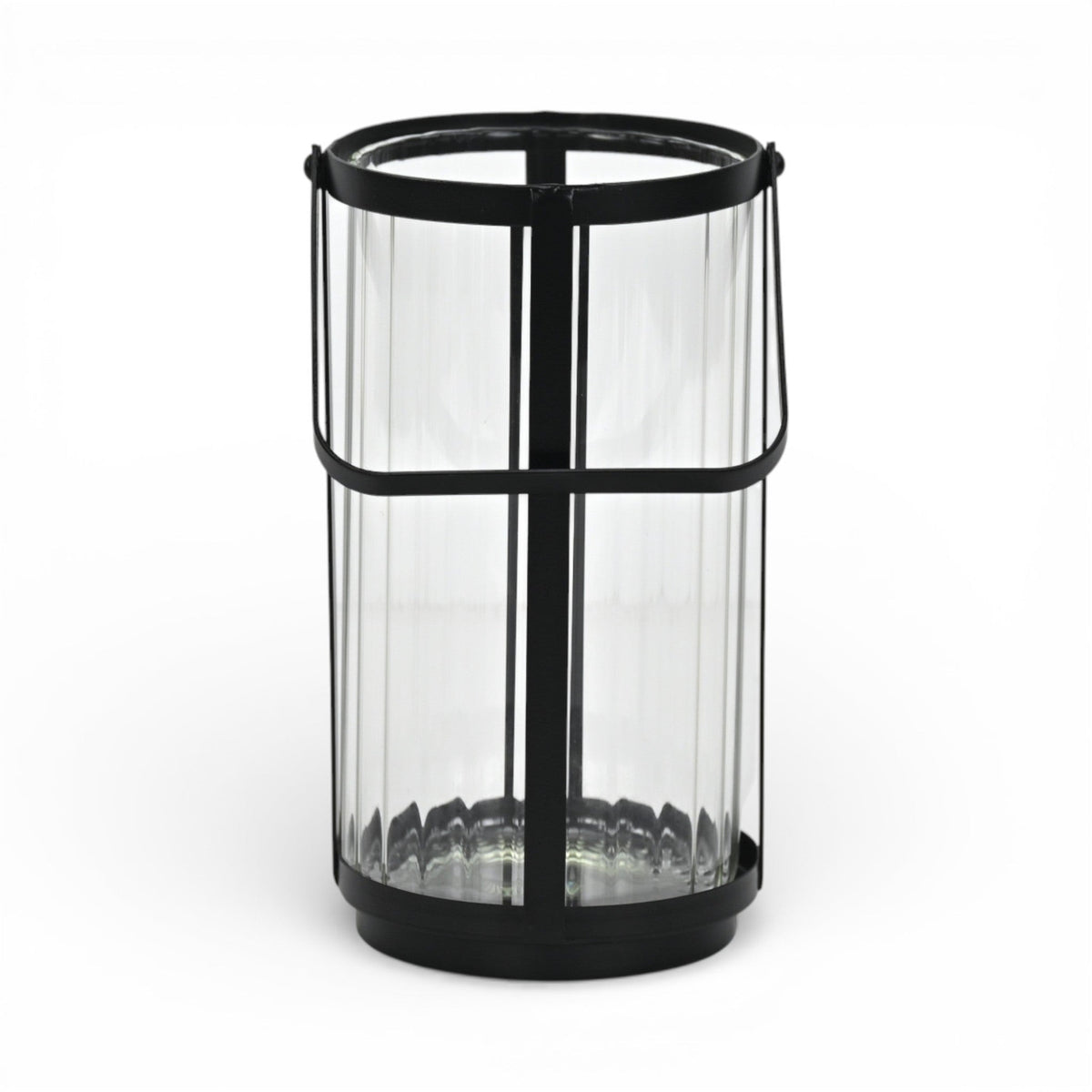 9" Clear And Black Glass And Metal Tabletop Lantern Candle Holder
