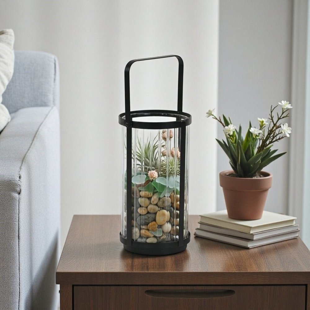 9" Clear And Black Glass And Metal Tabletop Lantern Candle Holder