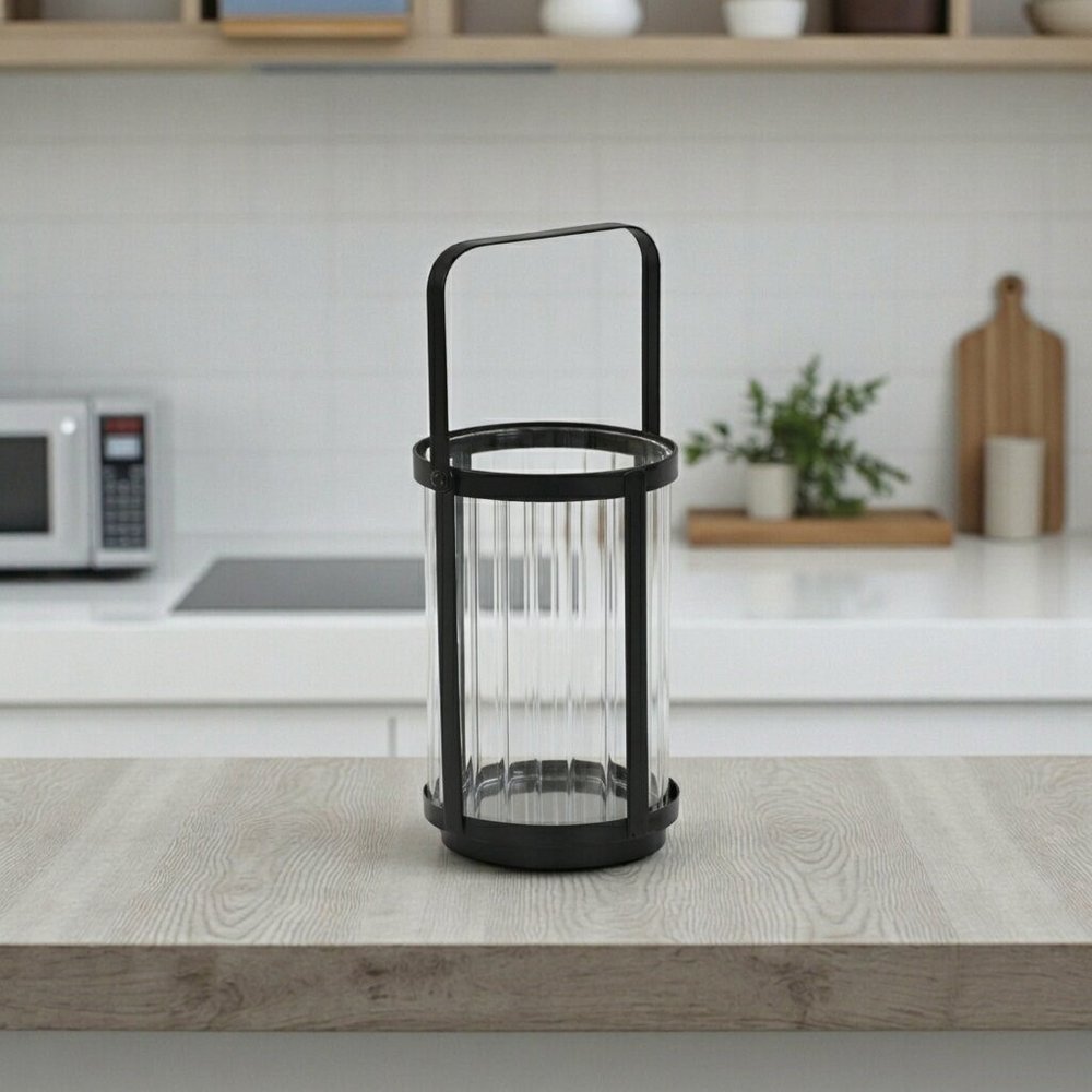 7" Black Glass Tabletop Lantern Candle Holder