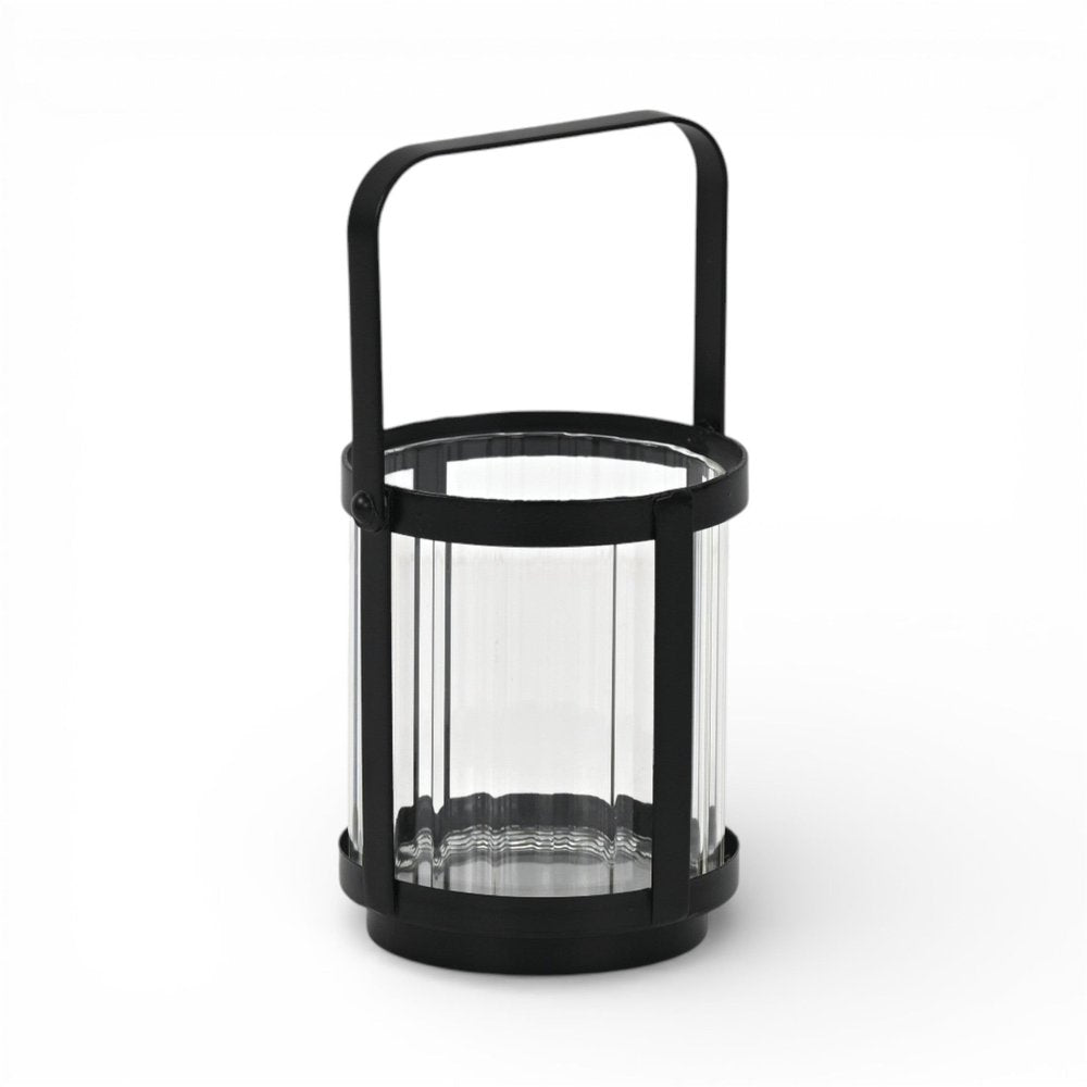 5" Clear And Black Glass And Metal Tabletop Lantern Candle Holder