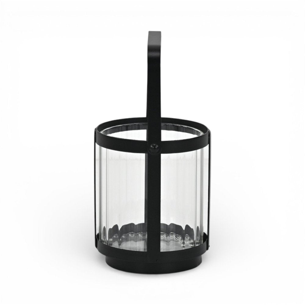 5" Clear And Black Glass And Metal Tabletop Lantern Candle Holder