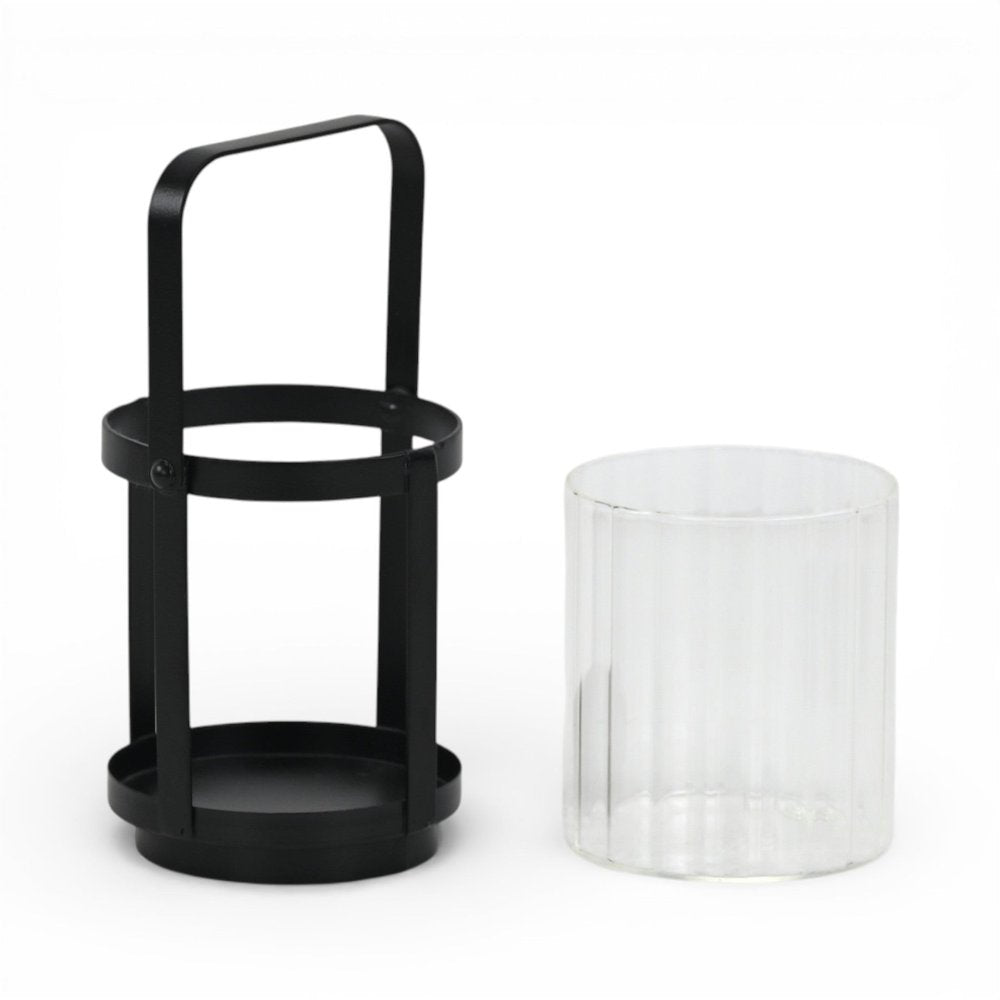 5" Clear And Black Glass And Metal Tabletop Lantern Candle Holder