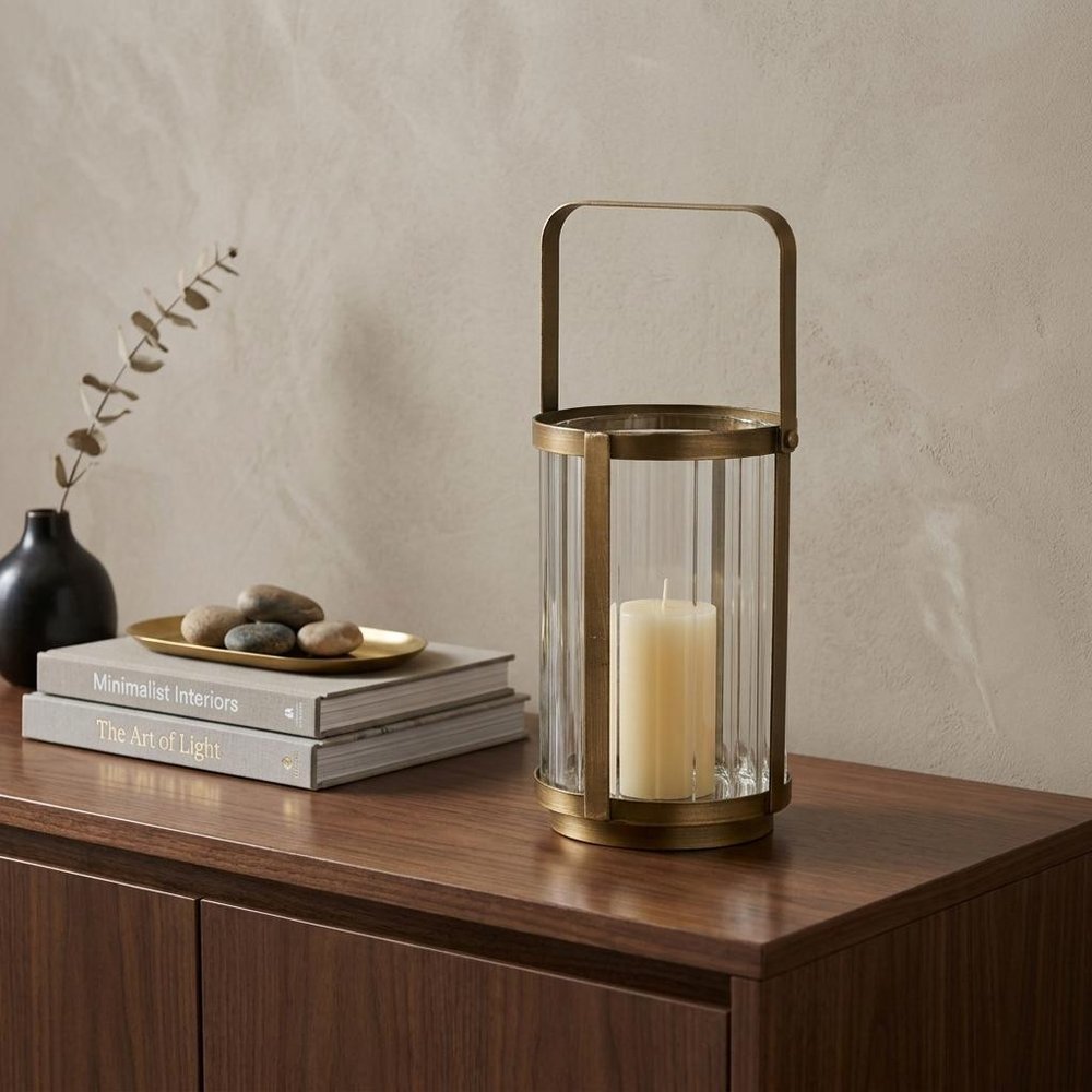 7" Gold Glass Tabletop Lantern Candle Holder