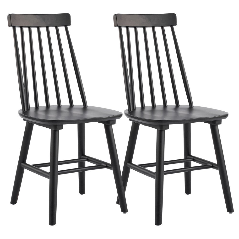 Set of Two Black Solid Wood Windsor Back Dining Side Chairs