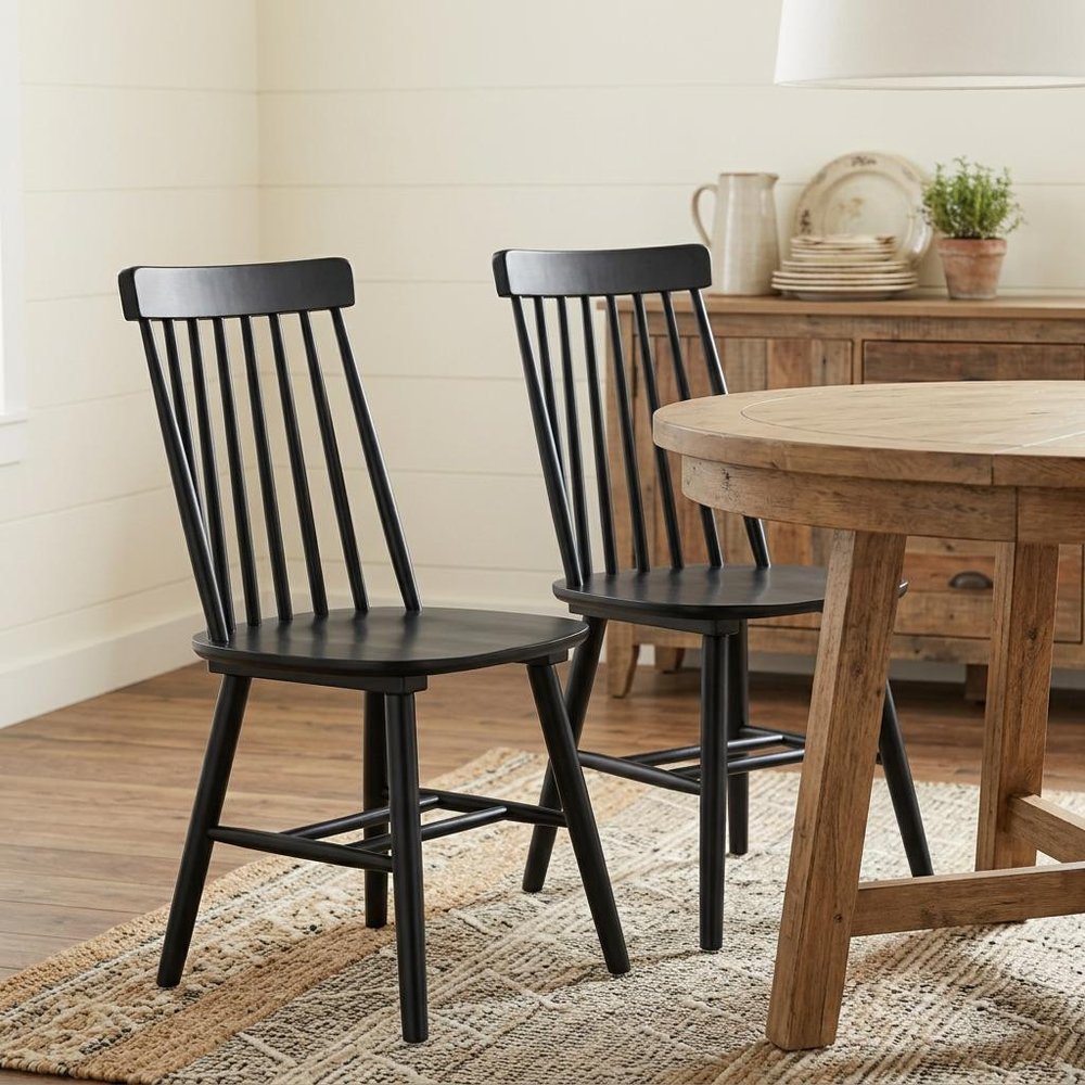 Set of Two Black Solid Wood Windsor Back Dining Side Chairs