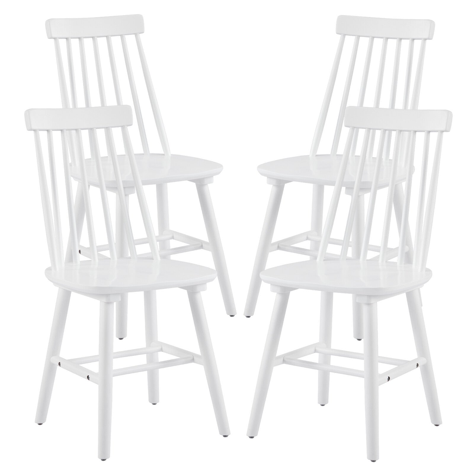 Set of Four White Solid Wood Windsor Back Dining Side Chairs