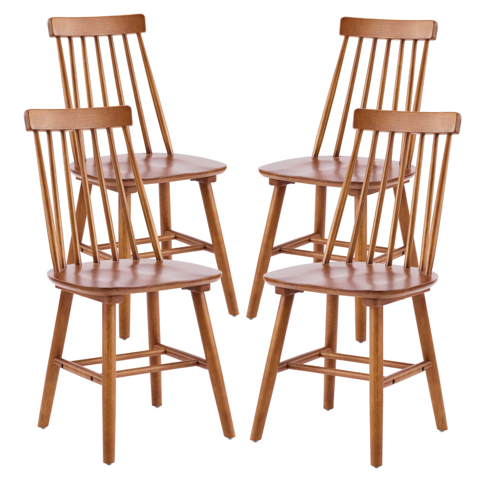 Set of Four Walnut Solid Wood Windsor Back Dining Side Chairs