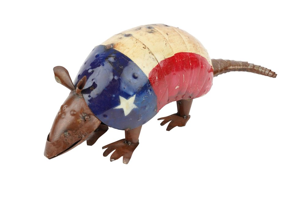 16" Red Off White And Blue Metal Armadillo Tabletop Sculpture
