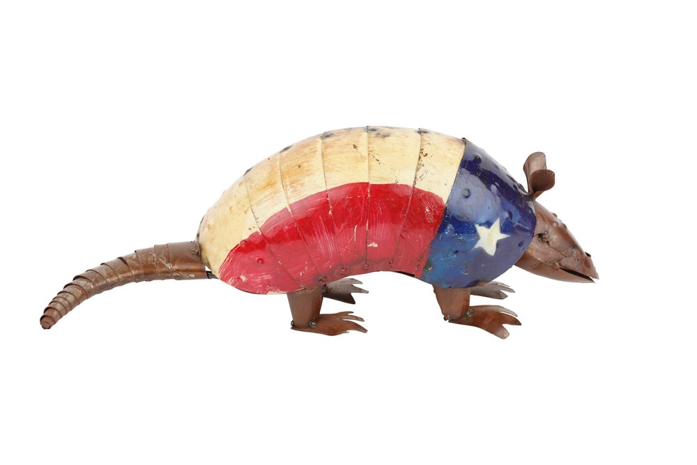 16" Red Off White And Blue Metal Armadillo Tabletop Sculpture