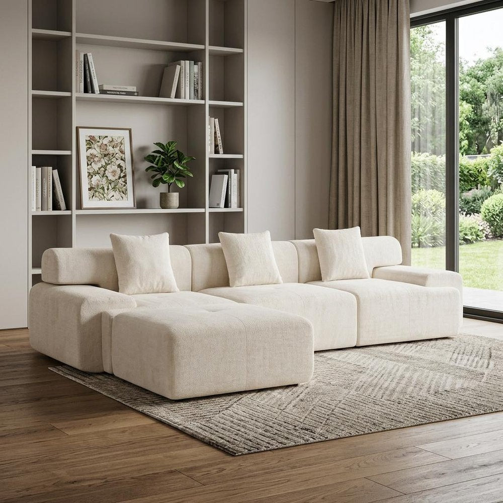 118" Beige Chenille Modular Sofa With Ottoman And Toss Pillows