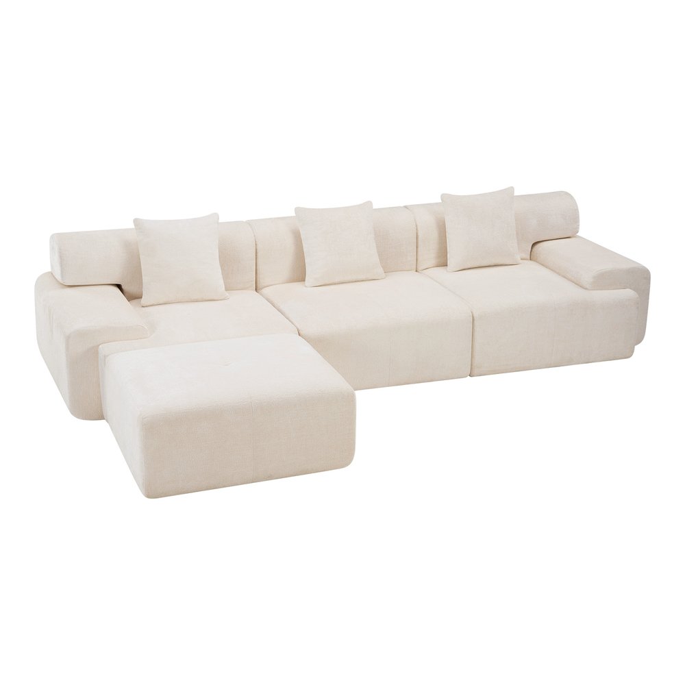 118" Beige Chenille Modular Sofa With Ottoman And Toss Pillows