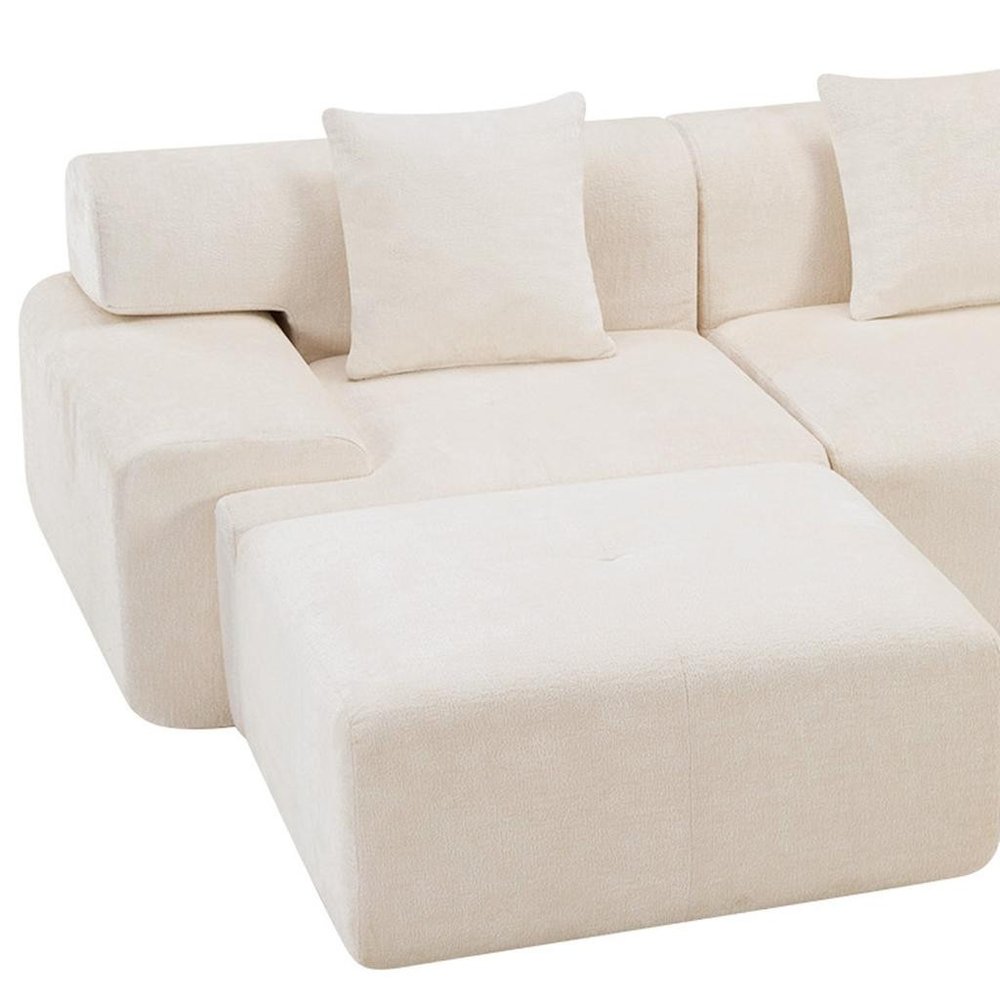 118" Beige Chenille Modular Sofa With Ottoman And Toss Pillows