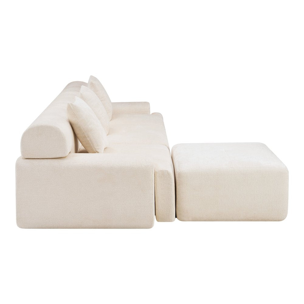 118" Beige Chenille Modular Sofa With Ottoman And Toss Pillows