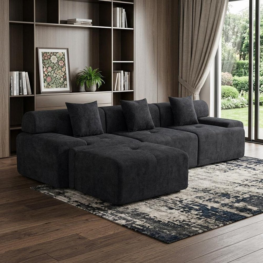 118" Beige Chenille Modular Sofa With Ottoman And Toss Pillows