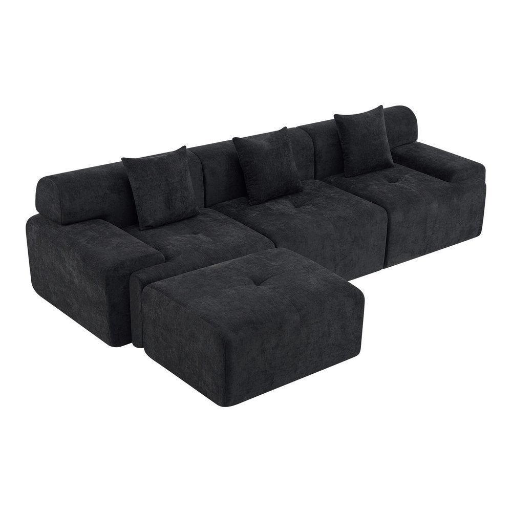 118" Beige Chenille Modular Sofa With Ottoman And Toss Pillows