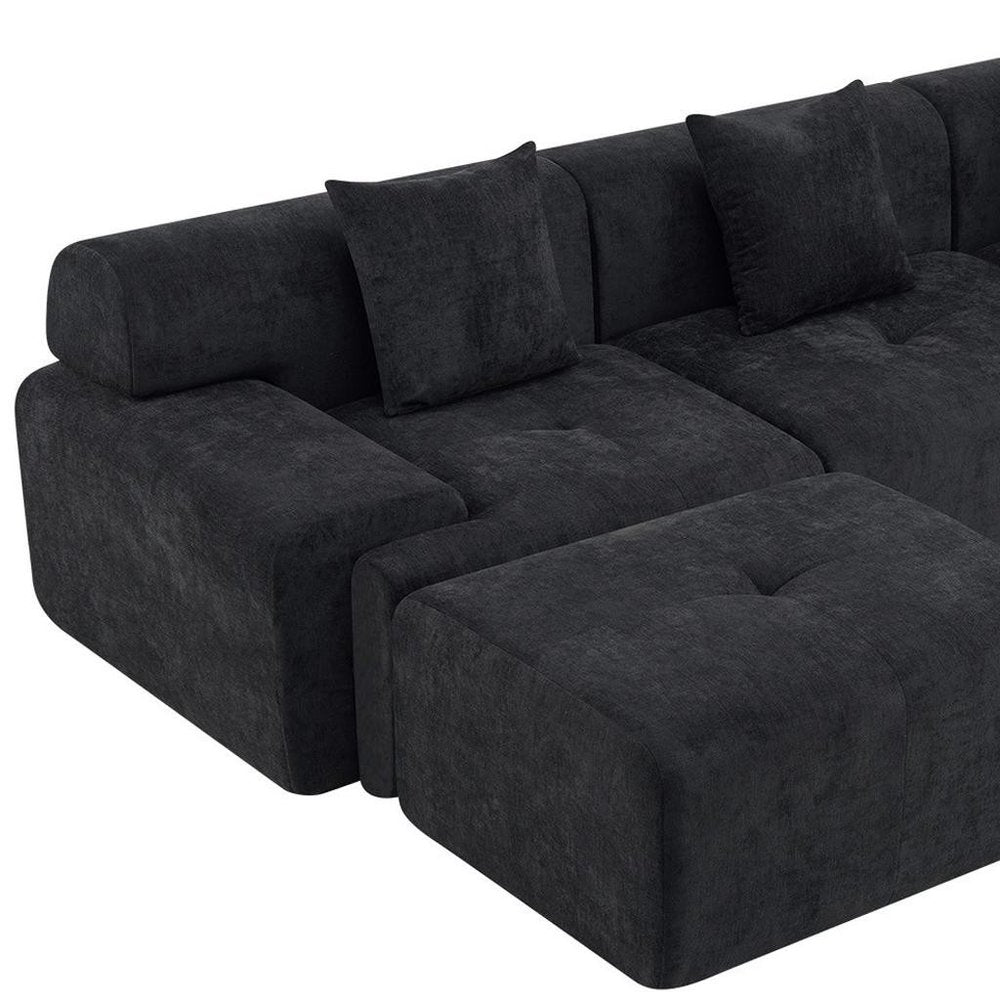118" Beige Chenille Modular Sofa With Ottoman And Toss Pillows