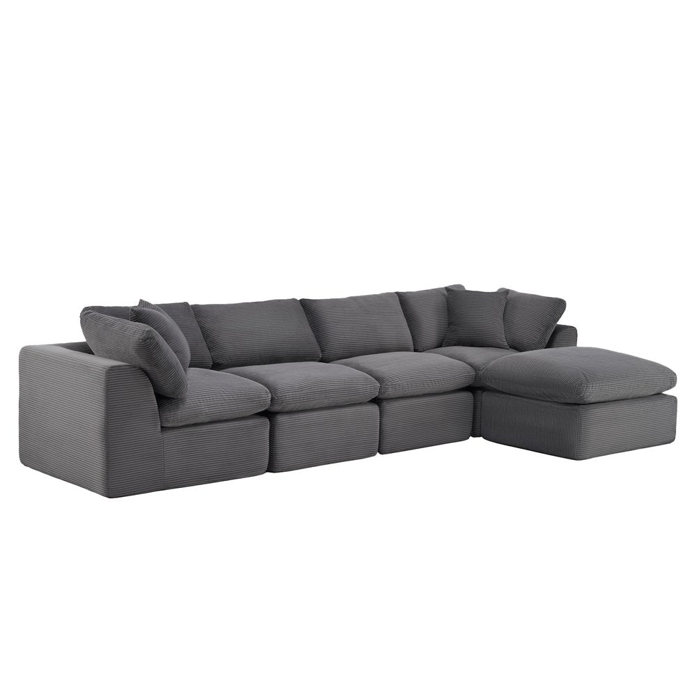 138" Beige Chenille Modular Sofa With Ottoman And Toss Pillows