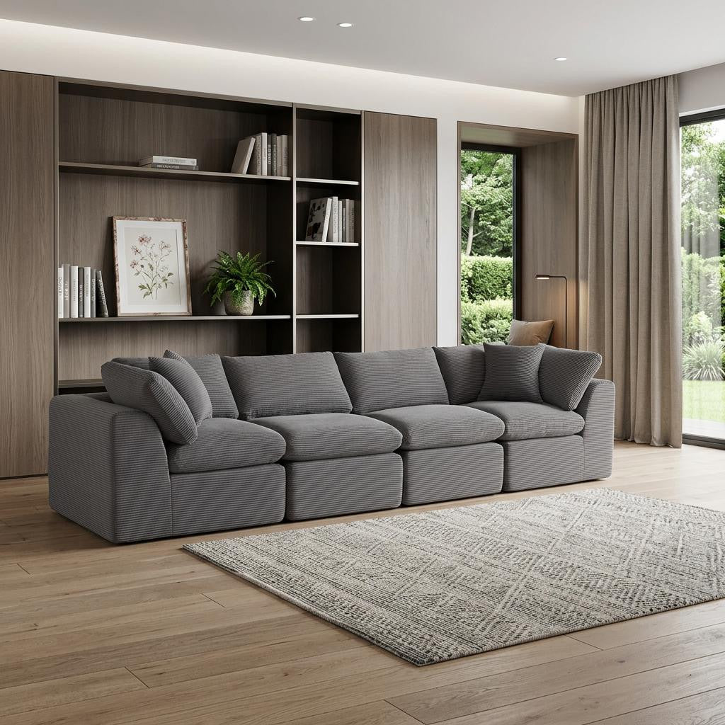 138" Dark Gray Corduroy Modular Sofa With Toss Pillows