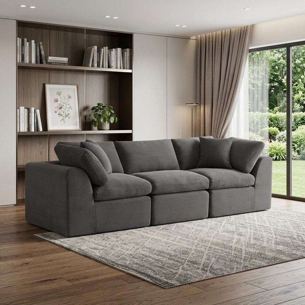 108" Beige Chenille Modular Sofa With Toss Pillows