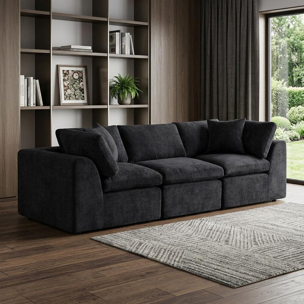 108" Beige Chenille Modular Sofa With Toss Pillows