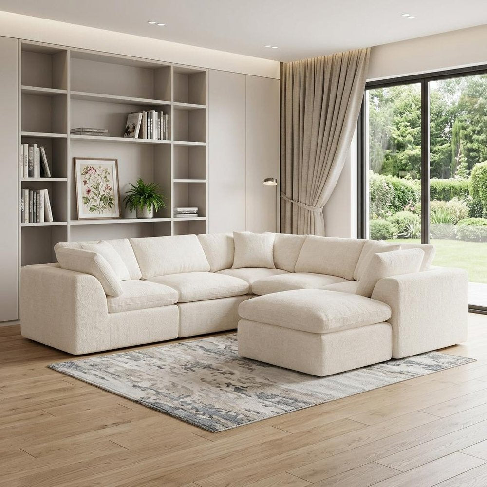 138" Beige Chenille Modular Sofa With Ottoman And Toss Pillows