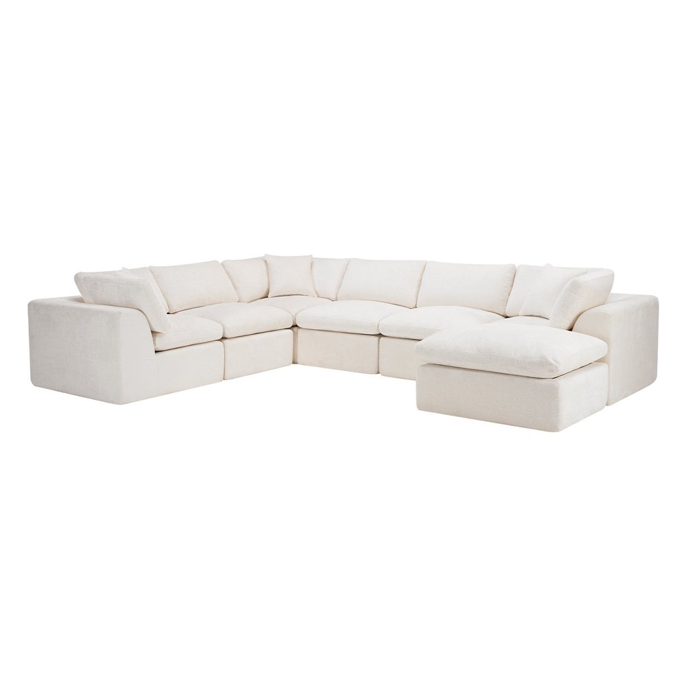138" Beige Chenille Modular Sofa With Ottoman And Toss Pillows