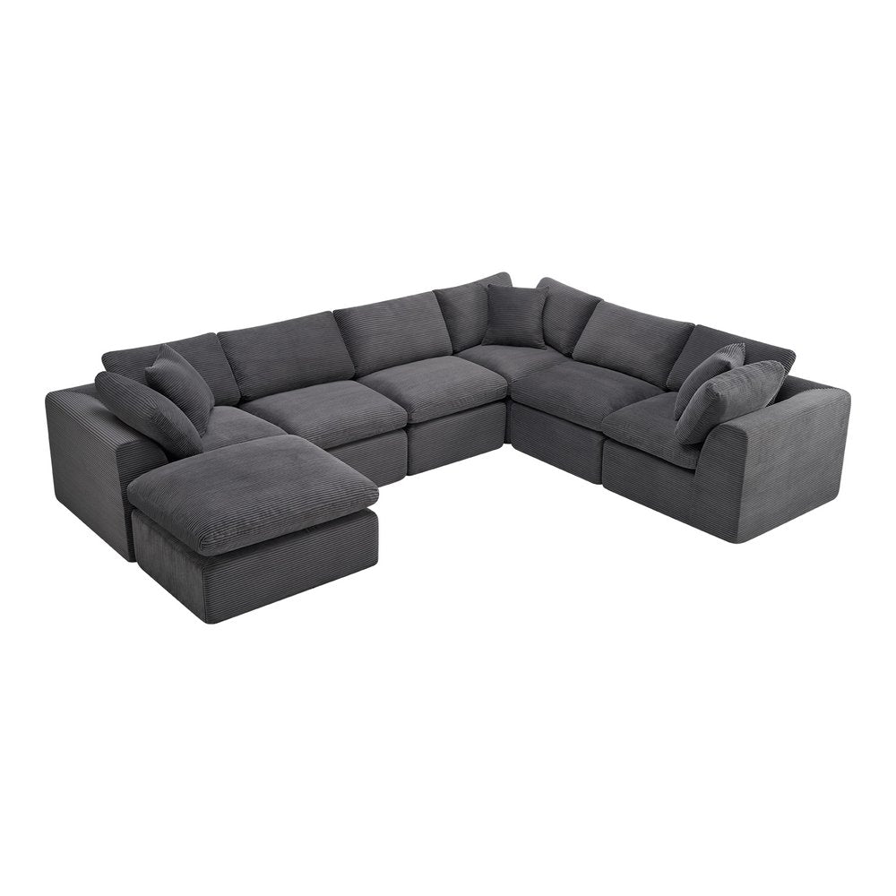 138" Dark Gray Corduroy Modular Sectional With Ottoman And Toss Pillows