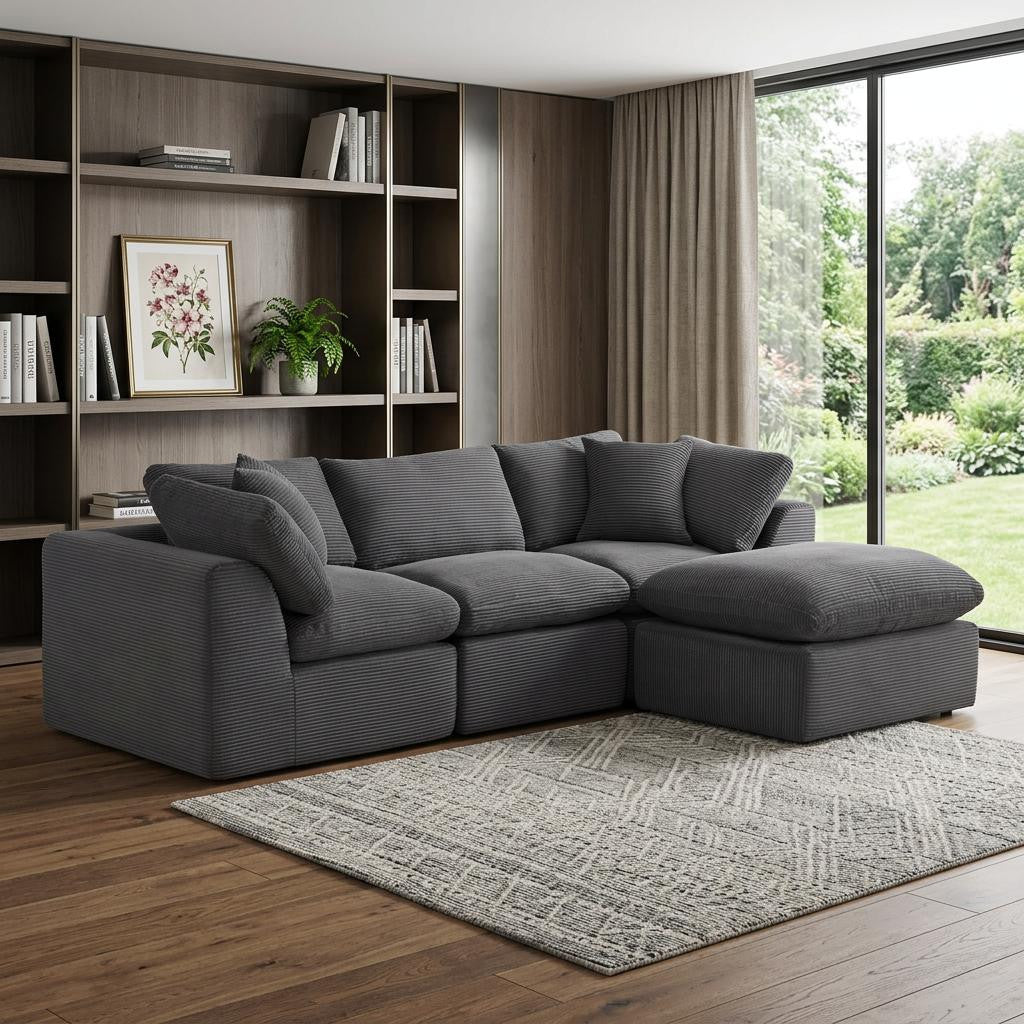 108" Dark Gray Corduroy Modular Sofa With Ottoman And Toss Pillows