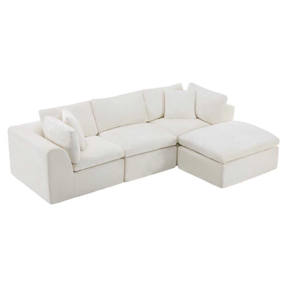 108" Beige Chenille Modular Sofa With Ottoman And Toss Pillows